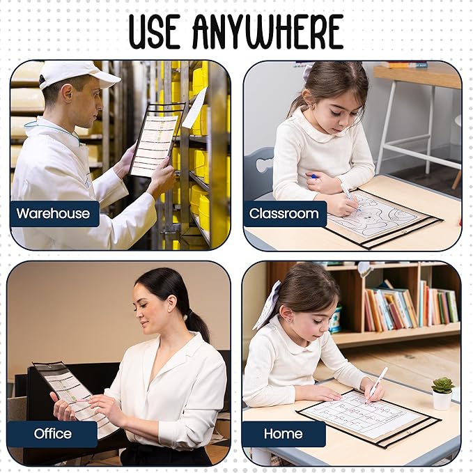 Essex Wares - 4 Pack, Black, Job Ticket Holders, 10" Wide x 13.5" Tall - Clear Plastic Shop Ticket Holders - Easy to Use, Reusable & Easy Erase Plastic Invoice Holders, Water-Resistant & Durable
