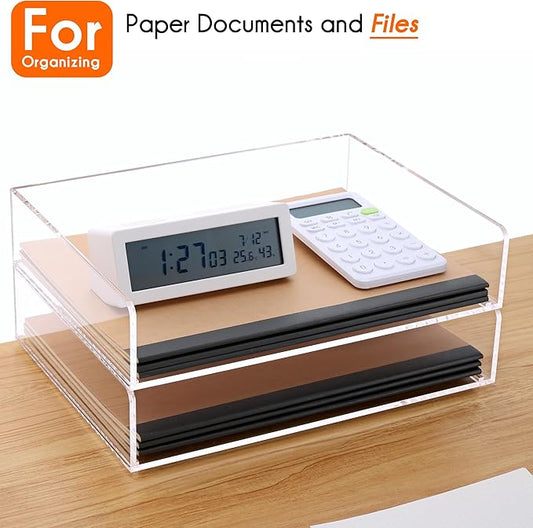 HeZone Paper Organizer, 2 Tier Stackable A4 Size Acrylic Letter Tray, Office/Home/School Organization - Clear