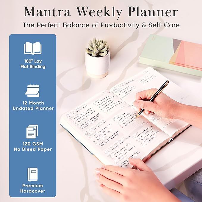 Mantra Planner 2026 Planner, Daily Journal & Gratitude Journal All-In-One with To Do List, Self Care Prompts & Habit Tracker - 7 x 10 - Blue