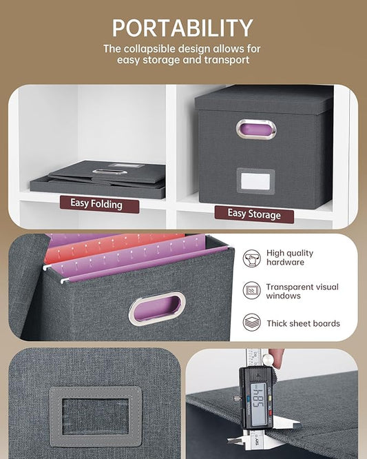 4 Pack File Storage Organizer, Document Organizer, Portable File Box with Lid, Fit for Letter/Legal File Folder Storage,Dark Gray-Box only