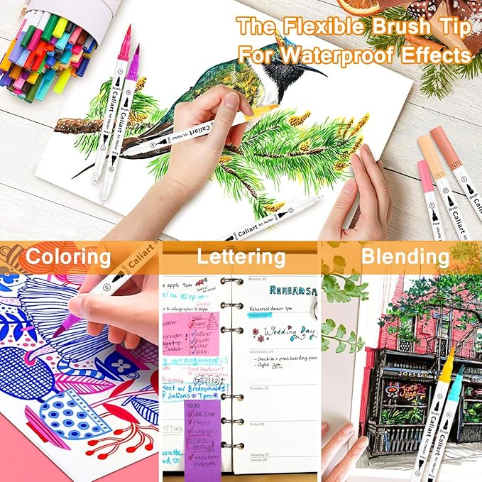 Caliart 34 Double Tip Brush Pens Art Markers, Artist Fine & Brush Pen Coloring Markers for Adult Book Cards Drawing Craft Kit Teacher Office Supplies