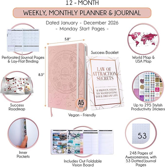 Law of Attraction Planner 2026 Deluxe with Productivity App | Weekly & Monthly Goal-Setting Planner, Life & Gratitude Journal | Include Foldable Vision Board, Gift Box & Stickers
