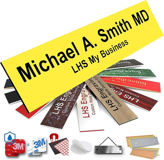 Door Name Plate Personalized for Office Yellow Plastic Name Plate Black Letters - Made in USA 2x6 B4