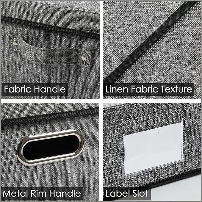 PRANDOM Storage Bins with Lids [3-Pack] Linen Fabric Foldable Storage... (Grey..