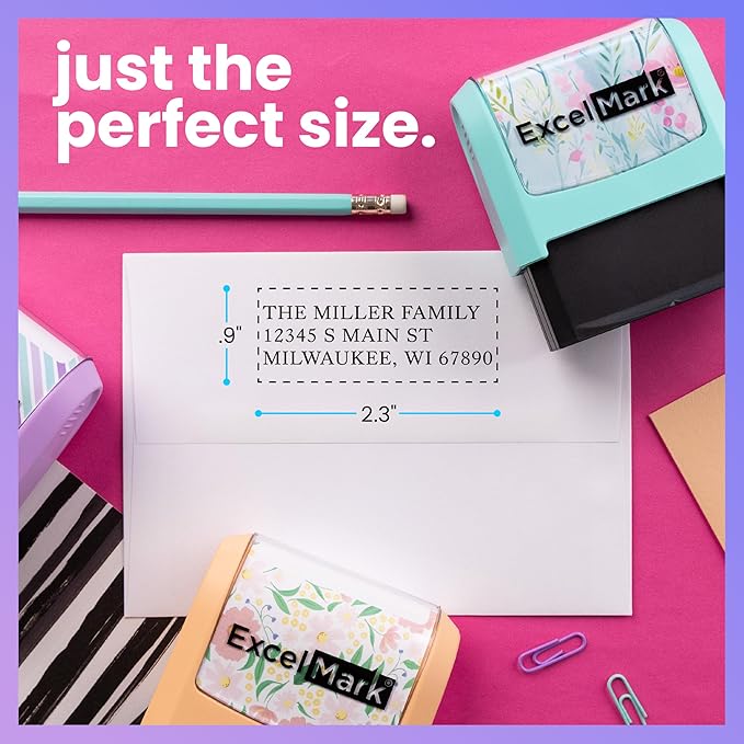 ExcelMark Address Stamp - Custom Return Address Stamp with Elegant Designs, Vibrant Colors & Patterns – Perfect for Mail, Invitations & Gifts (Pink Mount, Everyday Elegance)
