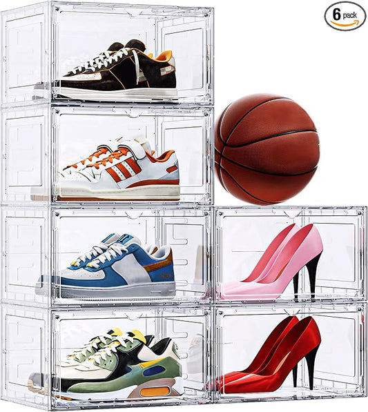TOFWOF 6 Pack XX Large Shoe Organizer, Heavy-Duty Hard Thicken Plastic Clear Stackable Shoe Storage Box Organizer for Closet, Space-Saving Shoe Rack Display Case Bin Containers for Sneakers, Clear