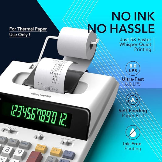 CATIGA 12 Digit Thermal Printing Calculator with Tape Print Out, Ink-Free Adding Machine, 5X Faster Quite at 8.0 LPS, Extra Large Fluorescent Display, Tax Calculation with Clock and Calendar, SP-2401