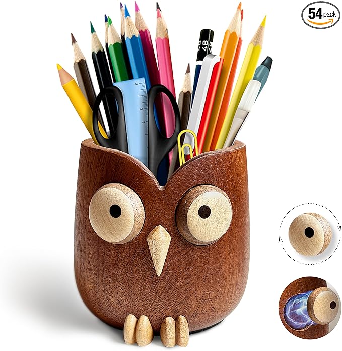 WODTILIFE Cute Owl Pen Holder for desk, funny wooden pencil holder with Magnetic Rotating Eyes, Ebony solid wood hollow design, for Office accessories School Home and Holiday Gifts.(Brown)