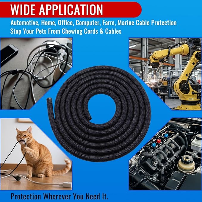 Flauzmann 1/2" Braided Cable Sleeve - 10Ft Cat Cord Protector Split Wire Loom Tubing Flexible Self Wrapping for USB, Audio, Automotive Cord, Dog Chew Proof Cable Protector - Black