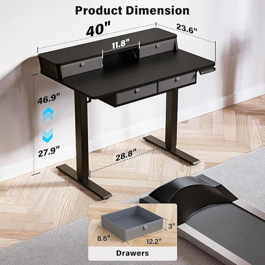 Kingant 40 x 24 Inch Electric Standing Desk with 4 Drawers, Height Adjustable Sit to Stand Computer Desk with Storage Shelf and C-Clamp Mount Compatibility for Home Office, Black