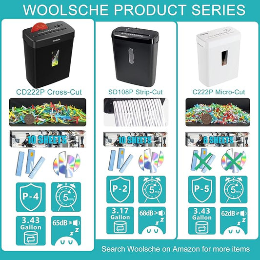 Woolsche Paper Shredder,10-Sheet Cross Cut with 3.43-Gallon Basket, P-4 Security Level,3-Mode Design - Shreds CD and Credit Card,Durable,Fast and Jam Proof for Home Office (ETL Certified)