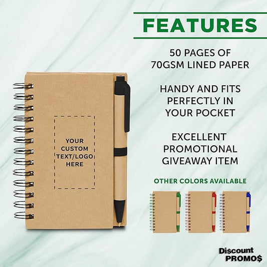 Custom Mini Spiral Notebooks with Black Ink Pens Set of 10/50/100, Personalized Bulk Pack - Perfect for School, Office, Business, Home - Black