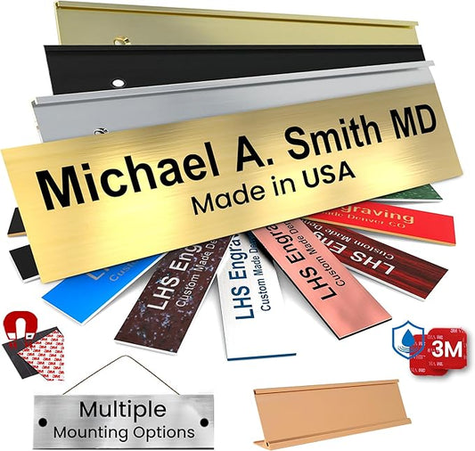 Engraved Name Plates for Door Sign Personalized Brushed Brass Plastic Plaque with Black Letters - Made in USA 2x4 M6