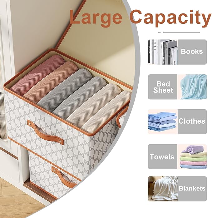 Tuza 4 Pack Fabric Storage Bins with Lids, Collapsible Closet Organizer Container, Decorative Storage Boxes with Lids for Organizing Clothes, Blanket, Grey & White, Medium