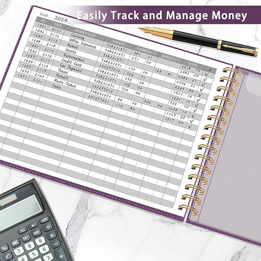 HAUTOCO Hardcover Accounting Ledger Book for Small Business Bookkeeping Horizontal Money Expense Tracker Notebook with 2 Storage Pouch, Personal Columnar Log Journal 10.78 x 8'', Deep Purple