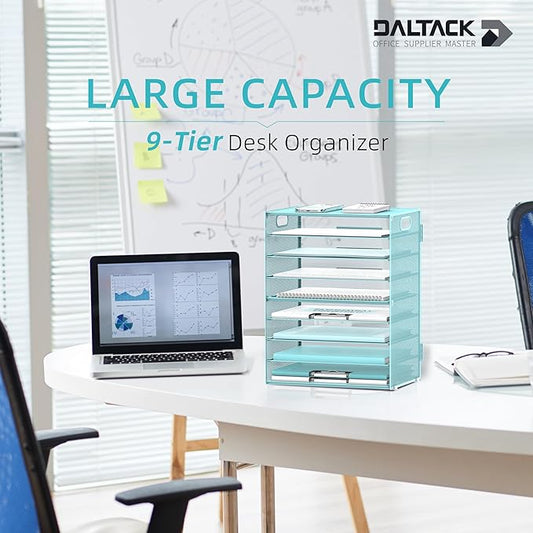 DALTACK 9-Tier Paper Letter Tray Desk Organizer with Handles, Mesh File Holder Organization, Paper Sorter Desk Organizer for Office Home School, Blue 2 Pack