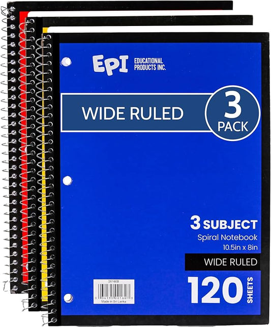 EPI Spiral Notebook | 3 Subject - Wide Ruled - 120 Sheets, Durable Spiral Binding | 10.5 x 8 in | Classroom Supplies | School, Office, Note Taking, Journaling - 3 Pack