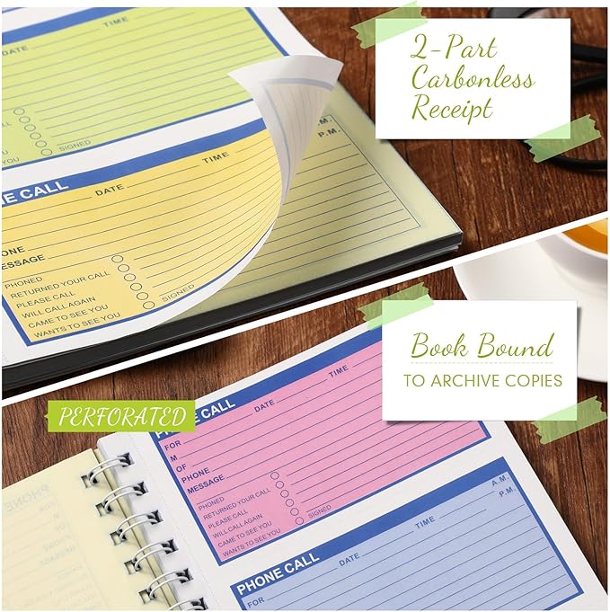 Sinmoe 6 Pcs Spiral Bound Phone Message Book with Carbon Copy 5-1/2" x 11" 2 Part Colorful Carbonless Telephone Message Pads Duplicate Spiral Phone Call Log Book for Business Office