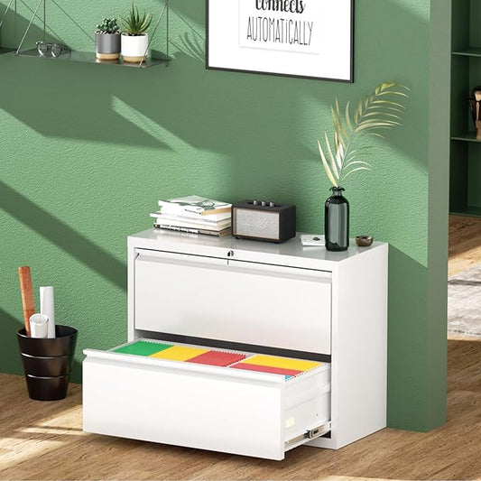 Greenvelly 2 Drawer File Cabinet, Metal Filing Cabinet with Lock, White Lateral File Cabinet for Home Office, Locking File Cabinet for Letter/Legal/F4/A4 Size Hanging Files, Easy Assembly