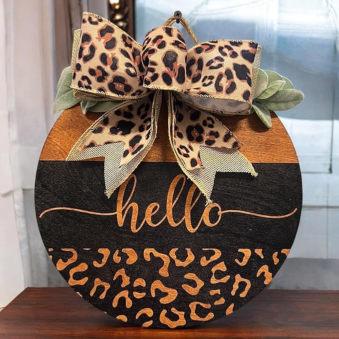 Wood front door sign Wood sign Home decor Welcome sign Sign for front door House warming gift Wedding gift (Hello Cheetah-UV025(A39) S003, 30" Width)