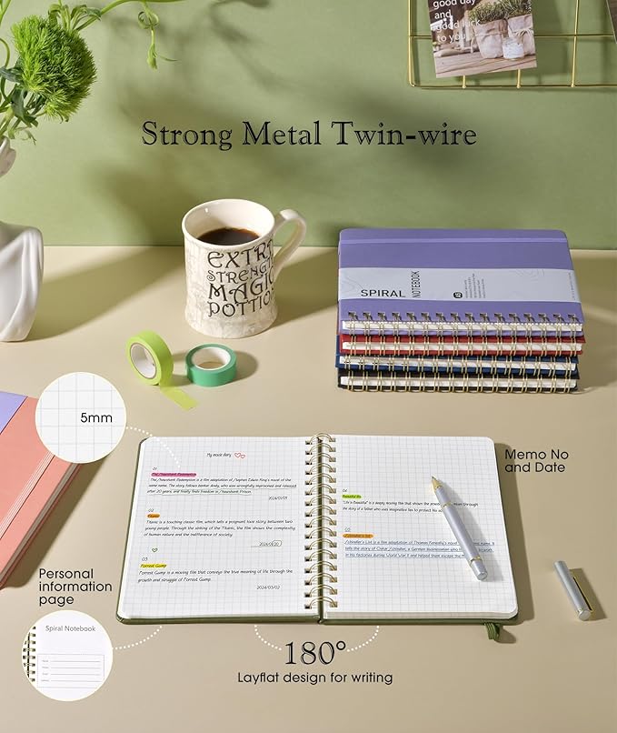Office Prime Graph Spiral Notebook — A5, 5.75×8.38 in, 150 Pages, Olive Green