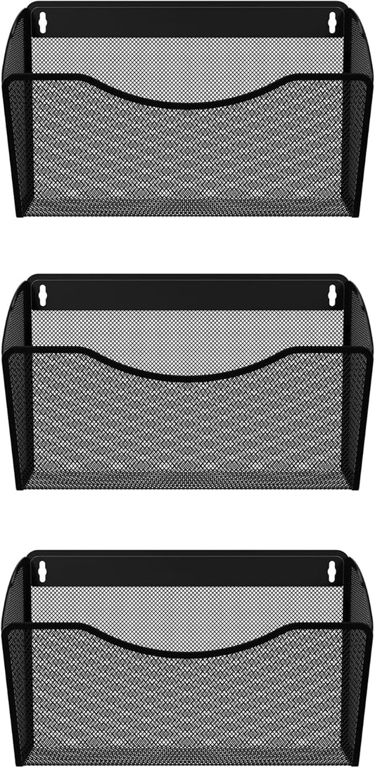 EasyPAG 3 Single Pocket Wall File Organizer, Mesh Hanging File Folder Organizer for Letter/A4 Size Folders, Wall Mounted Vertical Mail Holder for Paperwork, Office, Home, School, Black