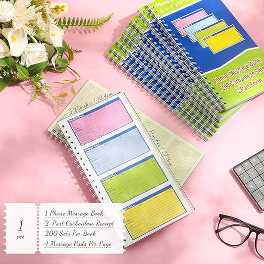 Sinmoe 1 Pcs Spiral Bound Phone Message Book with Carbon Copy 5-1/2" x 11" 2 Part Colorful Carbonless Telephone Message Pads Duplicate Spiral Phone Call Log Book for Business Office (Green,Blue)