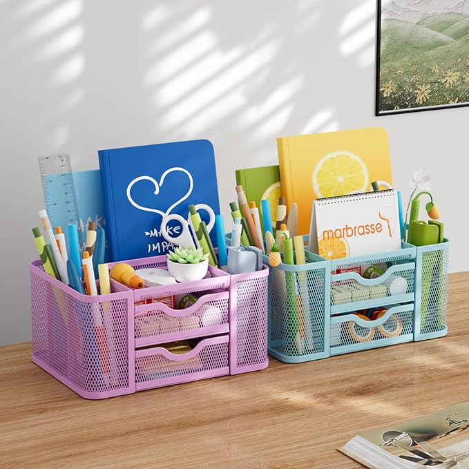 Marbrasse Mesh Desk Organizer with 2 Drawers, Pen Holder & Notebook Slot