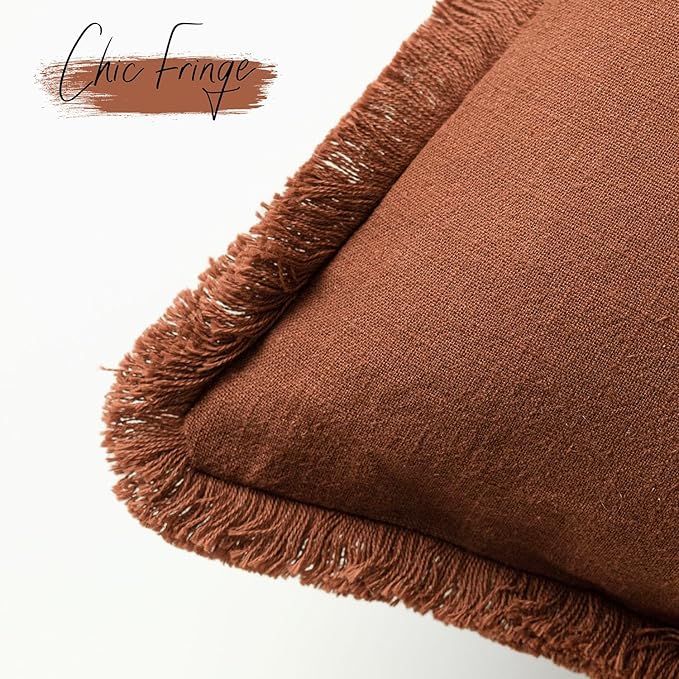 Foindtower Set of 2 Decorative Linen Fringe Throw Pillow Covers Farmhouse Cushion Cover with Tassels Soft Accent Pillowcase for Couch Chair Sofa Bed Living Room Home Decor,18×18 Inch,Fall Rust Orange