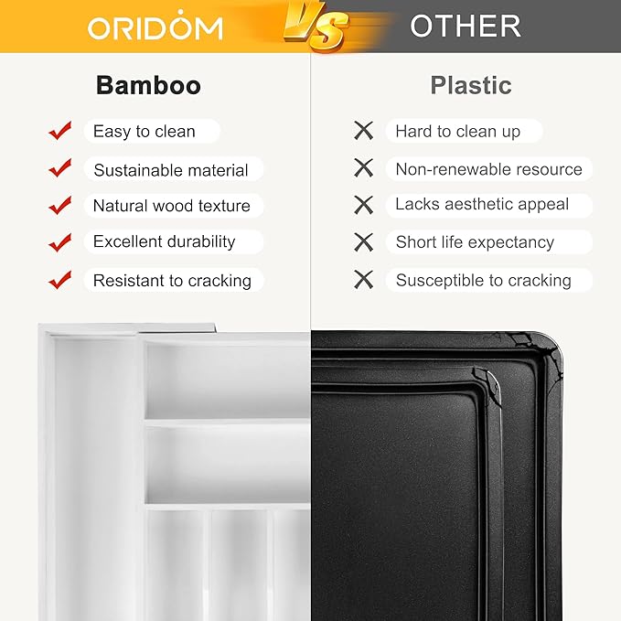 oridom Large Premium Bamboo Silverware Organizer - Expandable Drawer Organizer & Utensil Organizer - 17"x19.7" Cutlery Tray with Dividers for Kitchen Utensils and Flatware (7-9 Slots) (White)