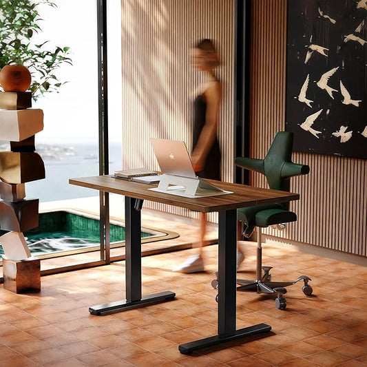 HUANUO 48" x 24" Electric Standing Desk Adjustable Height, 4 Memory Height Settings, Headphone Hook, Cable Manager, Sit Stand Up Desk for Home Office & Computer Workstation, Walnut