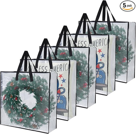 PWRSC 5-Pack Clear Heavy Duty Moving Bags and Storage Bags, 25 Gallon Large Moving Boxes Alternative for Wreath Storage Container, Under Bed Storage, Stadium Events, and College Moving Supplies
