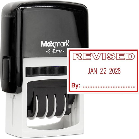 MaxMark Office Self Inking Date Stamp with Phrase Revised - Red Ink
