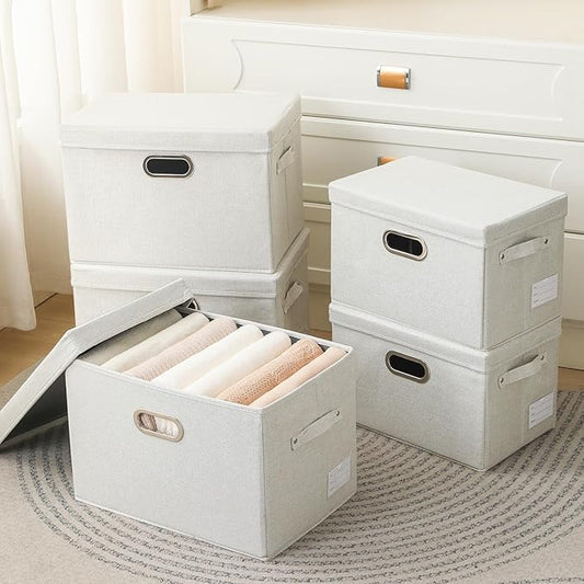 PRANDOM Large Collapsible Storage Containers with Lids [5-Pack] Fabric Foldable Storage Bins Boxes Organizer Baskets Cube with Cover for Home Bedroom Closet Office Beige(17.3x11.8x11.8)