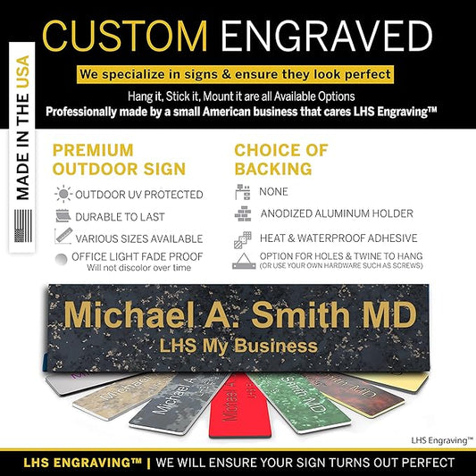 Personalized Name Plate with Choice of Mounting Holders for Walls, Doors, Cubicles, Hanging and More - Custom Charocaol Marble Plastic Gold Letters - USA Made 2x6 - S6