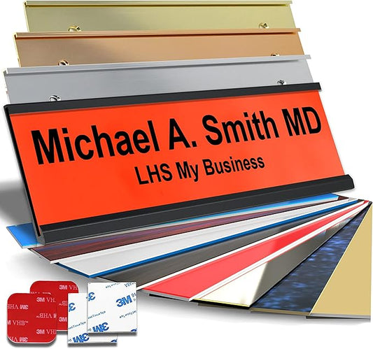 Personalized Name Plate with Choice of Mounting Holders for Walls, Doors, Cubicles, Hanging and More - Custom Orange Plastic Black Letters - USA Made 2x6 - B11