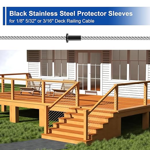 BLIKA 300 Pack Black Stainless Steel Protector Sleeves for 1/8" 5/32" or 3/16" Deck Cable Railing, for Wood/Composite Posts, T316 Marine Grade, Black Cable Railing Protector Sleeves