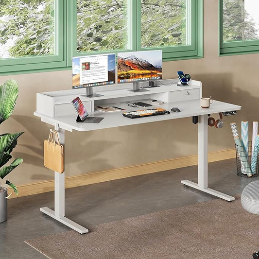 DEVAISE 55×28 Inch Electric Standing Desk with Drawers, Computer Desk with 3 Adjustable Height, Storage Shelf and Built-in USB Outlet, Memory Preset, Sit to Stand Desk for Home Office, White