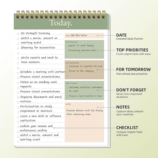 To Do List Notepad - Daily Planner Notepad Undated 52 Sheets Tear Off, 6.5" x 9.8" Checklist Productivity Organizer with Hourly Schedule for Tasks (Dark green)
