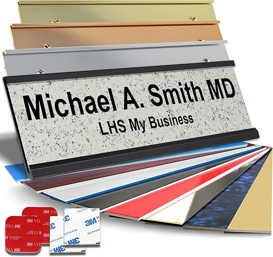 Custom Name Plate with Choice of Mounting for Walls, Doors, Cubicles, Hanging and More - Personalized Solarious Stone Plastic Black Letters - USA Made 2x12 - S3