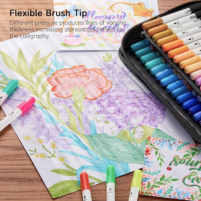 Shuttle Art Dual Tip Brush Marker Pens, 105 Colors Fine and Brush Tip Markers Set in Portable Case with 1 Coloring Book for Kids, Water-based Ink Adult Artist Coloring Calligraphy Journal Doodling