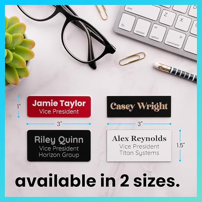 ExcelMark Custom Name Tag - Engraved Name Badge with Pin or Magnetic Backing, 16 Colors, 6 Fonts, and 2 Sizes to Choose from (Gold w/Black Letters, 1.5"x 3")