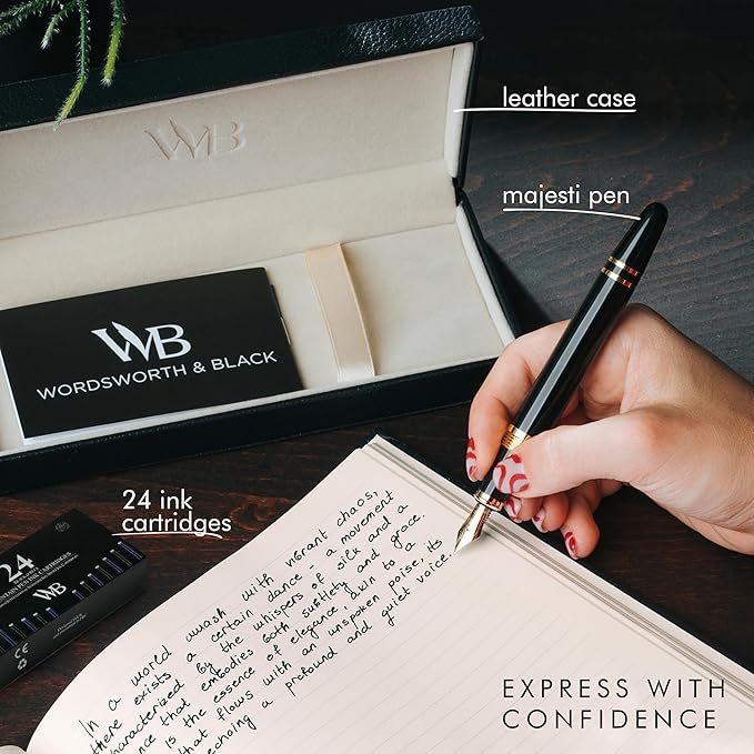 Wordsworth & Black Majesti Fountain Pen-(Black), Luxury Case, Gold Finish; 18K Gilded Medium Nib- Ink Cartridges, Refillable Ink Converter-Calligraphy Pen-Best Business Gift Set for Men & Women