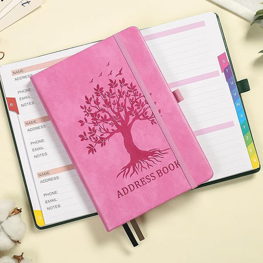 Address Book with Colorful Alphabetical Tabs (8.4" x 5.8") - Hardcover Telephone and Contact Organizer, with Space for Important Website Passwords and Software Licenses - Pink