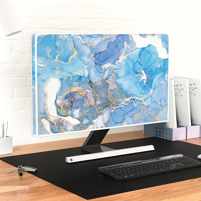 Baocicco Baby Blue Gold Marble Waterproof Screen TV Cover 75 Inch Modern Television Accessories TV LCD Fashion Weatherproof Screen TV Decorations for Tablet LED LCD OLED TVs