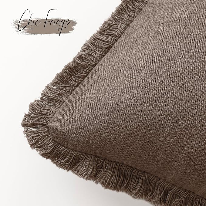 Foindtower Set of 2 Decorative Linen Fringe Lumbar Throw Pillow Covers Boho Farmhouse Cushion Cover with Tassels Accent Pillowcase for Couch Sofa Bed Living Room Home Decor,12×24 Inch,Light Coffee