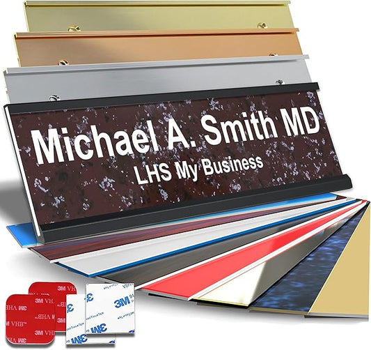 Custom Name Plate with Choice of Mounting for Walls, Doors, Cubicles, Hanging and More - Personalized Canberry Marble Plastic White Letters - USA Made 2x10 - S5