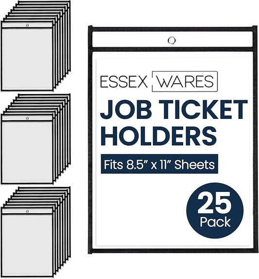Essex Wares - 25 Pack, Black, Job Ticket Holders, 10" Wide x 13.5" Tall - Clear Plastic Shop Ticket Holders - Easy to Use, Reusable & Easy Erase Plastic Invoice Holders, Water-Resistant & Durable