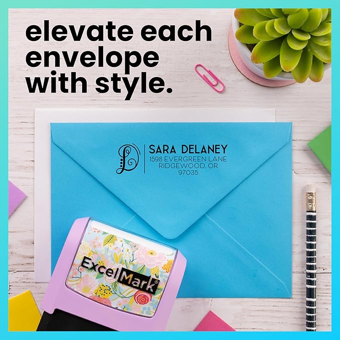 ExcelMark Address Stamp - Custom Return Address Stamp with Elegant Designs, Vibrant Colors & Patterns – Perfect for Mail, Invitations & Gifts (Pink Mount, Script Swirl)