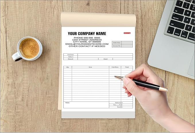 Custom Carbonless Invoice Book with Logo, Personalized Cover & Inner Pages, 2 Part NCR Receipt & Work Order Forms, Easy Tear, Writing Shield for Small Business (2-part [White/Yellow], 7.48 x 5.12INCH)